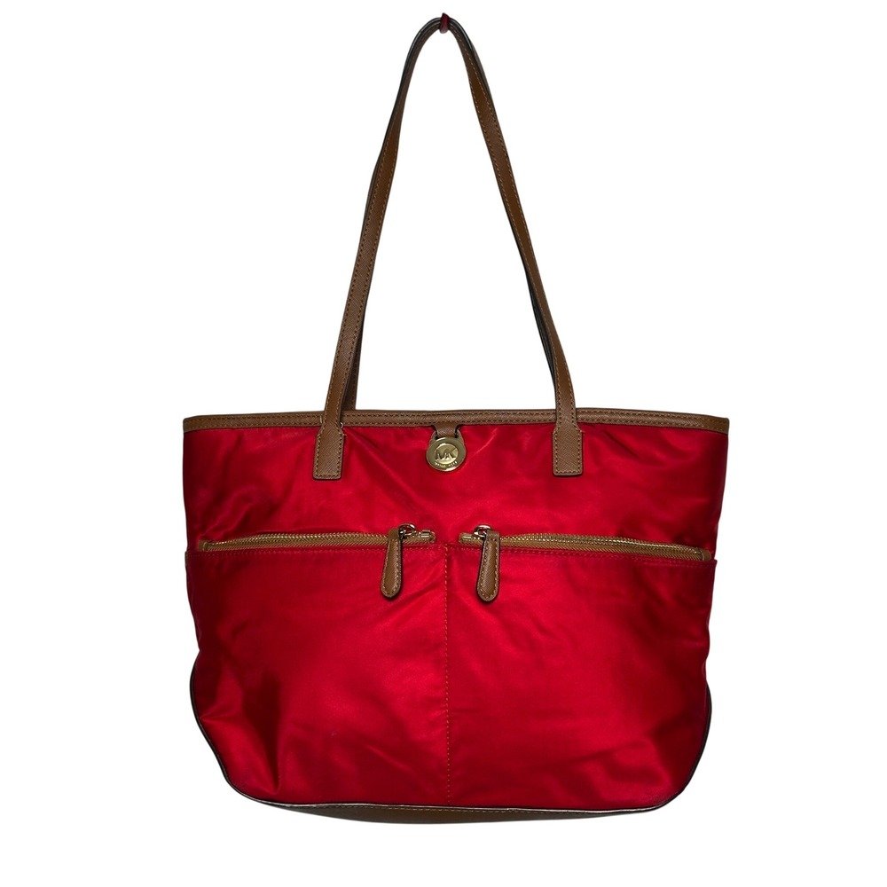Michael Kors Tomato Red Nylon Kempton Tote Bag w/Tan Leather Trim Gold Hardware